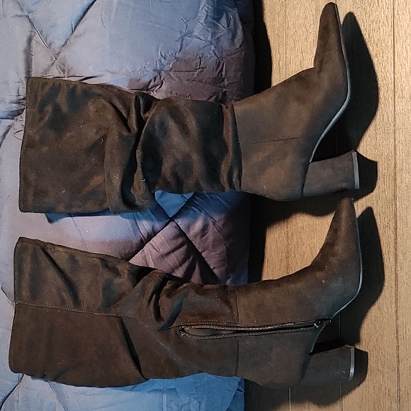 Pink Lily Suede Black Block Heel with Ruched Fabric Tall Boots Size 6.5 - Picture 7 of 10